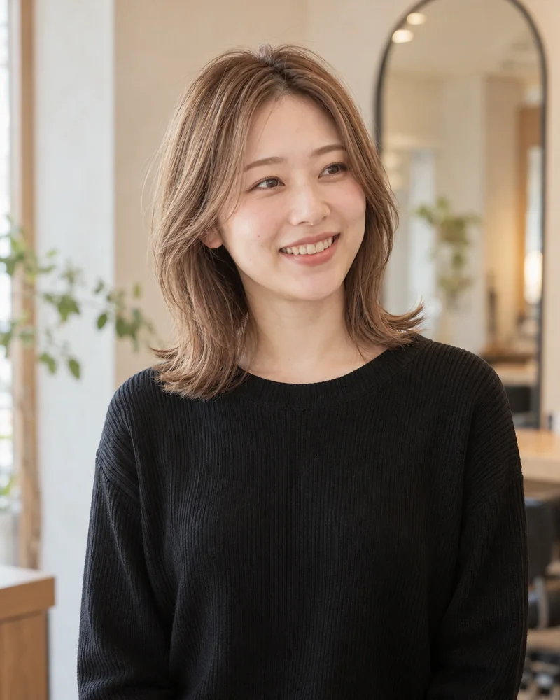 カラーリストの三浦ひなた。黒いニットを着た、肩までのベージュブラウンの髪の女性