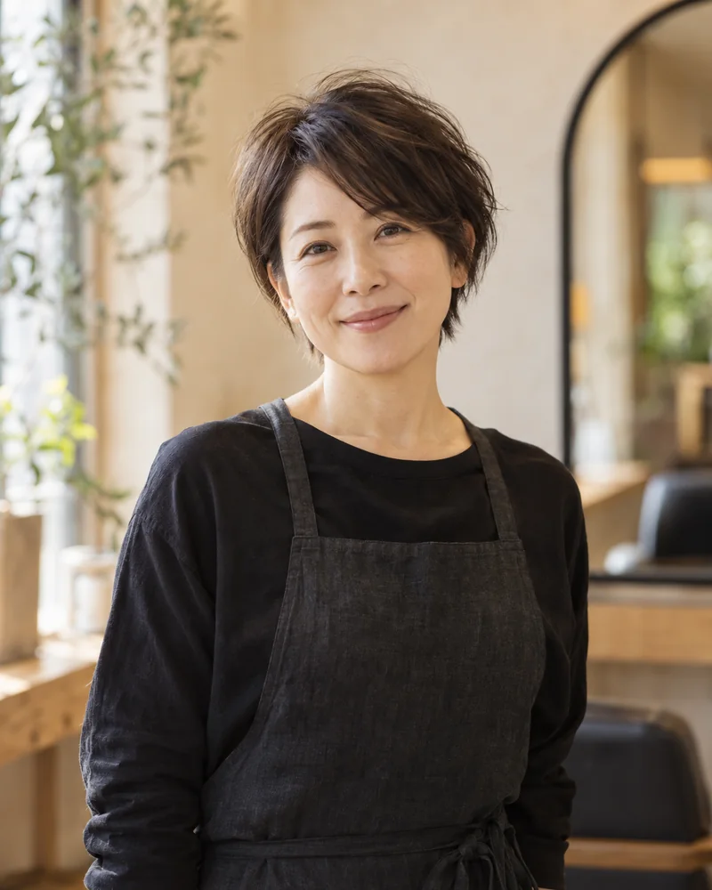 オーナースタイリストの紡木かおり。黒いシャツにエプロン姿のショートヘアの女性