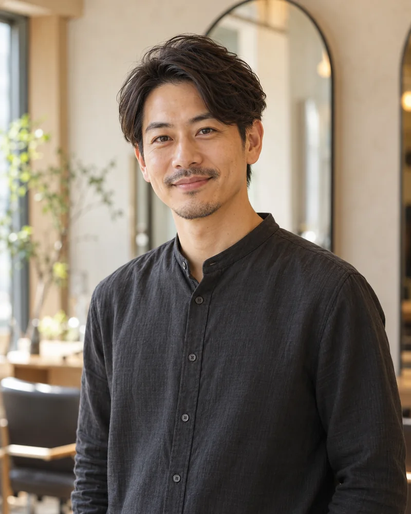 スタイリストの早瀬悠。チャコールのシャツを着た短髪の男性