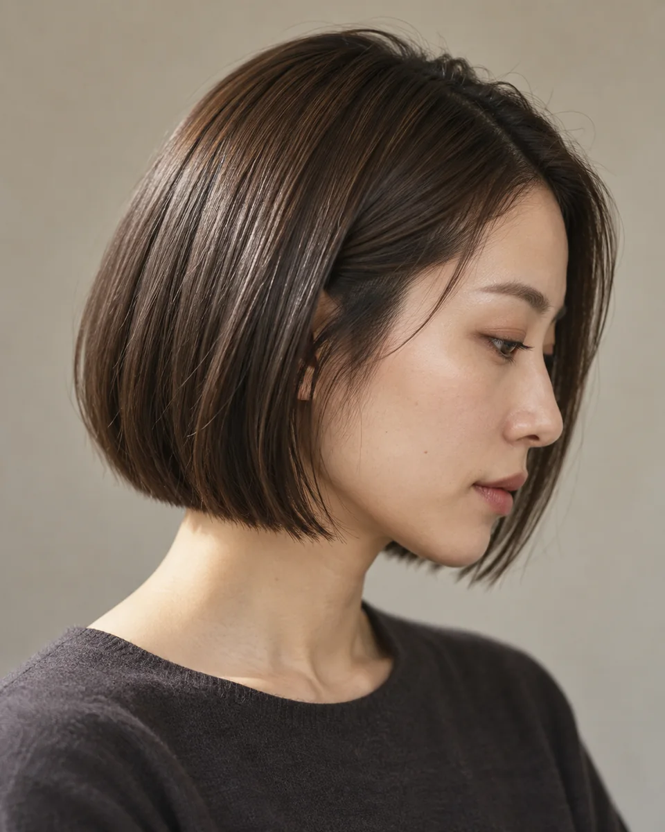 あごの長さで切りそろえた、ツヤのあるダークブラウンのボブの女性の横顔