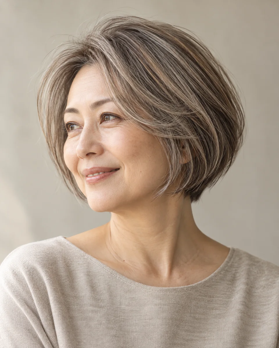 白髪を明るいハイライトでなじませた、丸みのあるショートボブの女性
