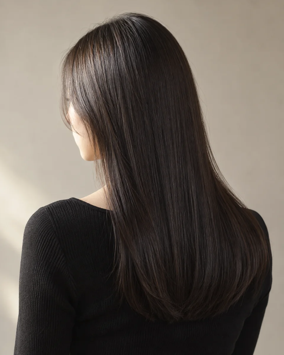 胸までのまっすぐなロングヘアを、ななめ後ろから見たところ