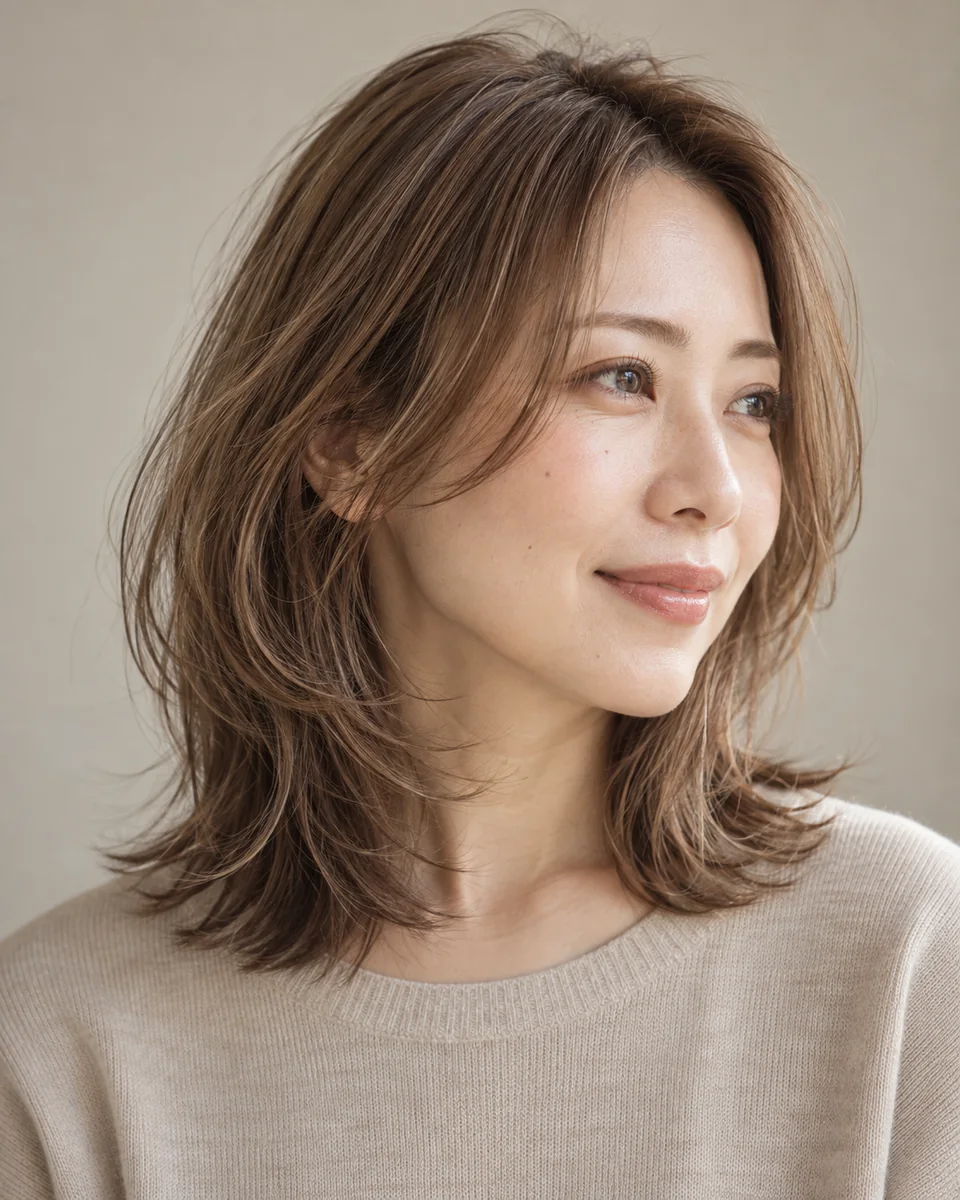 肩までの長さで、顔まわりに動きをつけたミルクティーベージュの髪の女性