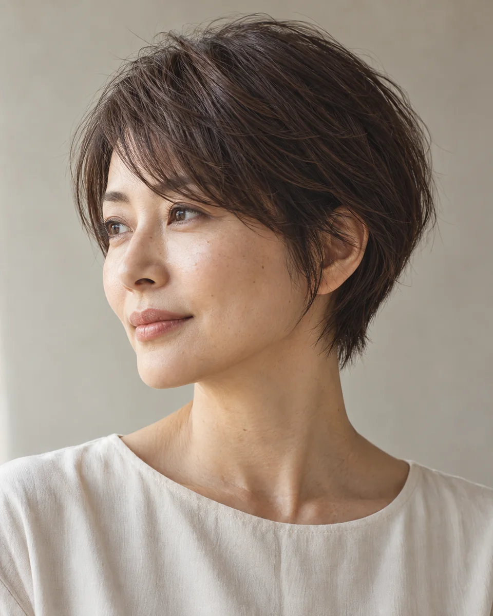 前髪を横に流した、すっきりしたショートヘアの女性