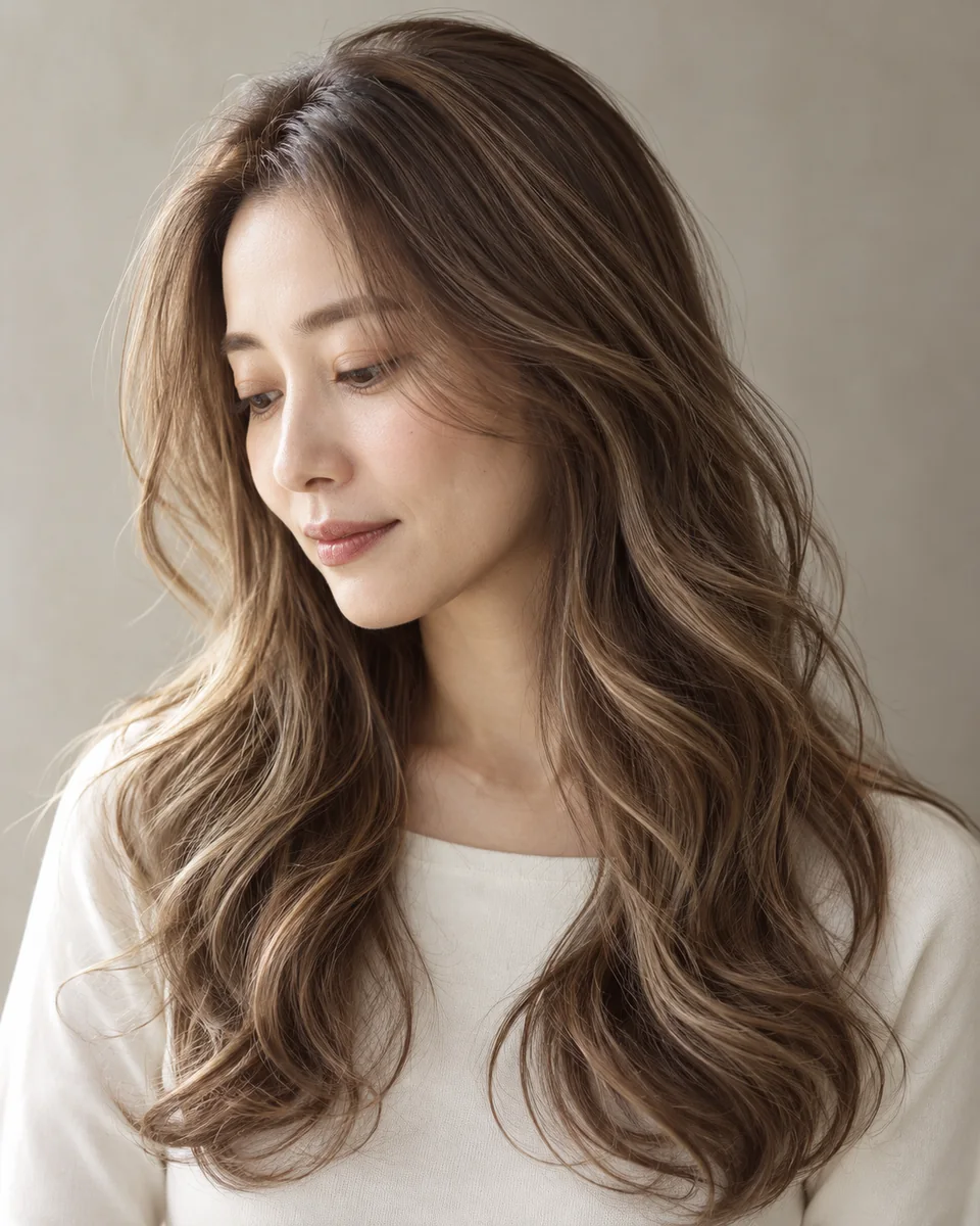ゆるく大きなウェーブに、細いハイライトを入れたロングヘアの女性